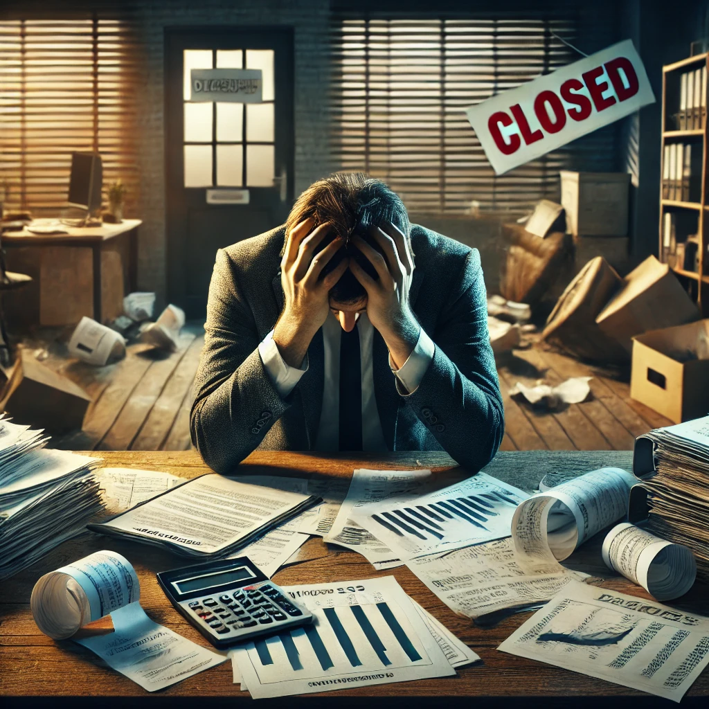 DALL·E 2025-01-17 13.44.21 - A high-quality realistic image representing bankruptcy. A distressed businessman sits at a messy office desk, his hands gripping his head in frustrati